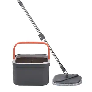 BonKaso 360° Spin Mop with Square Bucket Deluxe System Set and Reusable Microfiber Pads for Wet & Dry Glass, Wall, Tile and Home Floor Cleaning - Grey and Orange