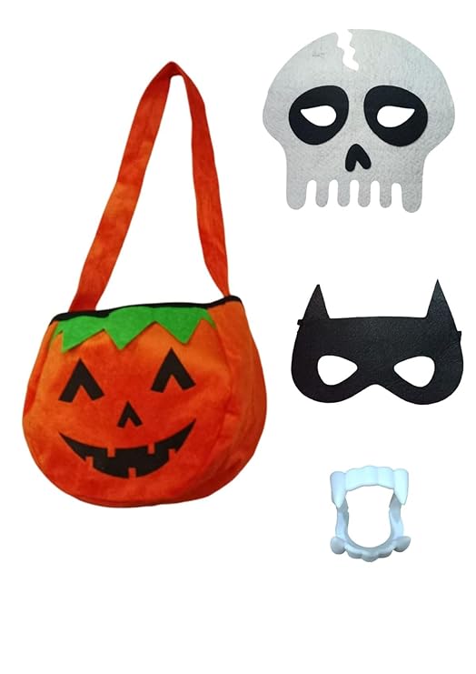 [Apply Coupon] - BookMyCostume Halloween Accessories Combo- Pumpkin Trick & Treat Candy Cloth Basket with Dracula teeth & Skeleton Scary Halloween mask & Black Superhero Mask Fancy Dress Pack of 4 Accessories