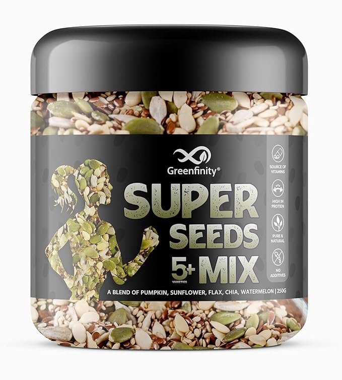 GreenFinity Healthy Raw Mix Seeds- Pumpkin, Sunflower, Watermelon, Chia and Flax Seeds | Rich in Omega 3 Fiber and Antioxidant | Ideal for Weight Management, Immunity Booster, Salads and Baking (250g)