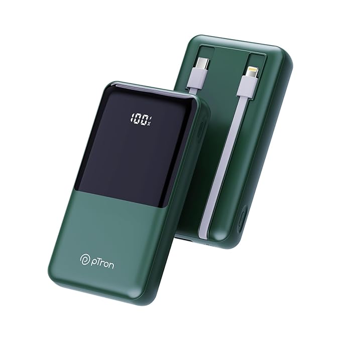 pTron Dynamo Power 20000mAh 22.5W Super Fast Charging, USB Type-C Input Power Bank with Quick Charge & 20W Power Delivery, Built-in Charging Cables, 4 Outputs, Type-C Input/Output Port (Green)