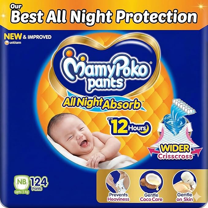 Mamypoko pants All night absorb| Pant Style Baby Diapers New Born/X-Small, 124 Count, Ideal for upto 5Kgs|1 Diaper= Upto All night Absorption|Wider Crisscross Sheet|Gentle Coco Care| 12hr Leakage Protection| Prevents Heaviness (Pack of 2)
