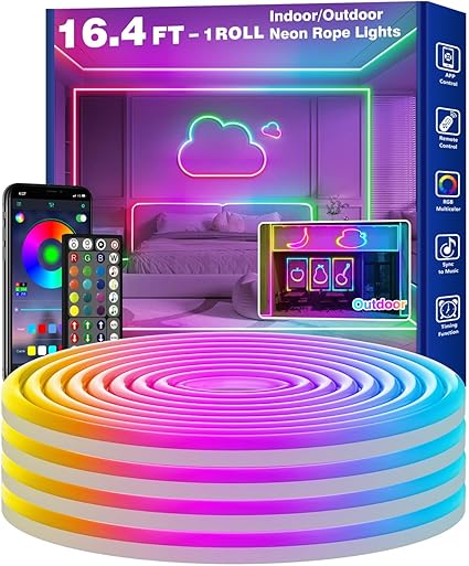 16.4Ft Neon LED Rope Lights,Flexible with App/Remote,Multiple Modes Rope Lights,IP65 Outdoor RGB Led Neons Light Waterproof,Music Sync Gaming Led Neon Strip for Bedroom Decor