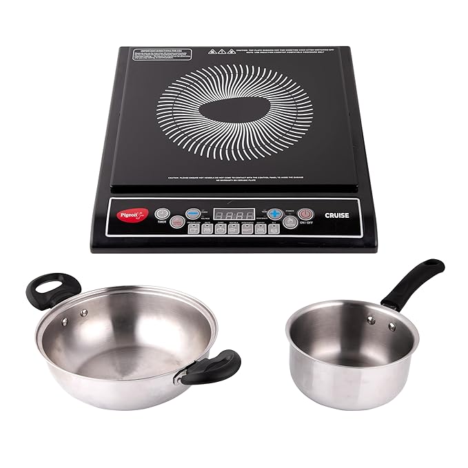 Pigeon By Stovekraft Cruise 1800-Watt Induction Cooktop (Black) & Stainless Steel Kadai(22cm), Sauce Pan(16cm) Set Of 3