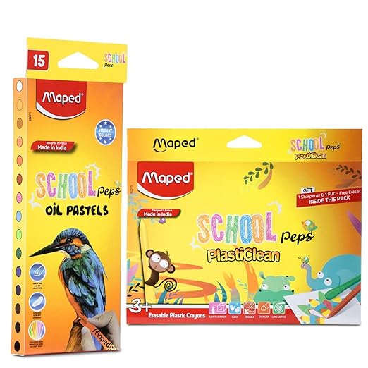 Maped Colouring Kit-Set of 2|Playful and Bright Shades|Matte finish -Oil Pastels(12Shades)|Glossy finish-Eraseable Plastic Crayons(15Shades)|NonToxic & Safe for Children|Eraser+Sharpener+Scraping tool