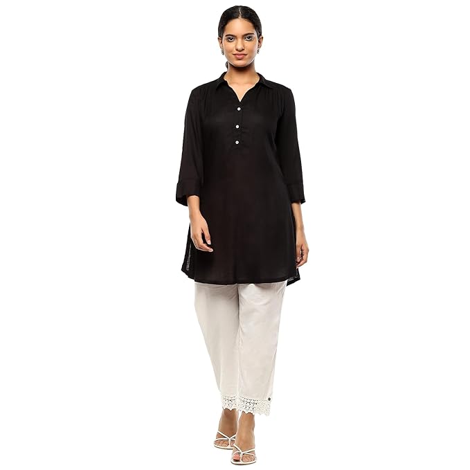 BIBA Women Rayon Regular Fit Solid Shirt Collar Straight Short Kurti