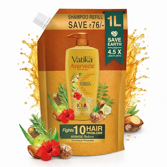 Dabur Vatika Ayurvedic Shampoo Refill Pouch - 1 L | Damage Therapy | Power of 10 Ingredients for Solving 10 Hair Problems | No Parabens | For All Hair Types