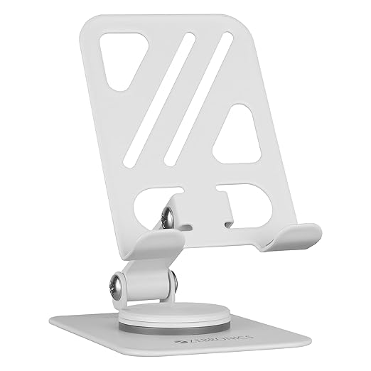 ZEBRONICS MTS250, Foldable Mobile Holder, Upto 9.6 inches, 360° Rotatable, 180° Stepless Adjustment, Anti-Skid Base & Resting pad, Lightweight & Handy, Compatible with Mobile & Tablet (White)