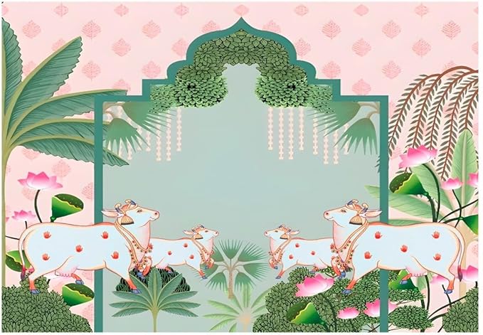Wedding backdrops Decorations |decorationss Backdrop for Pooja Decoration Traditional Background Curtain (Small Four Cows) Pooja Backdrop Decoration Cloth (8FT-6 FT) | varalakshmi poojas backdrops
