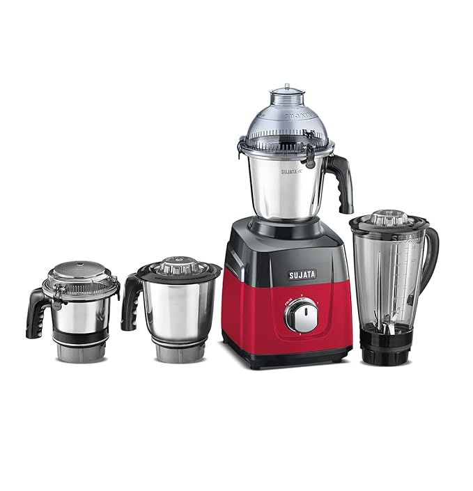 Sujata MG03 Mixer Grinder|1000 Watts Double Ball Bearing Motor|25000 RPM|Non-Stop 90 Mins Running|4 Jars including 1750ml Blender with Coconut Milk Extractor, 1500ml, 1000ml, 500ml Jar| (Black)
