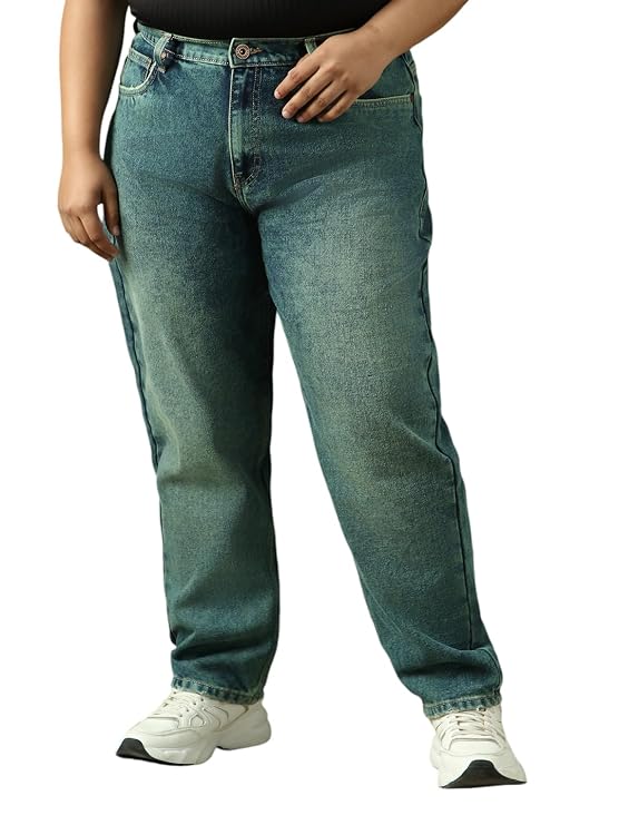 High Star Women Cotton Washed Mom Fit Casual High-Rise Jeans