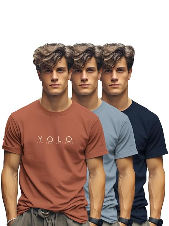 BULLMER Trendy Printed Cotton Blend Crew Neck/Round Neck Half Sleeve Tshirt for Men - Pack of 3