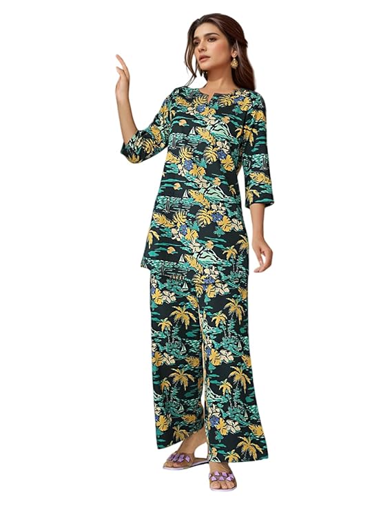NAINVISH Women's Cotton Blend Green Printed V-Neck Co-ord Set | Daily & Casual Wear
