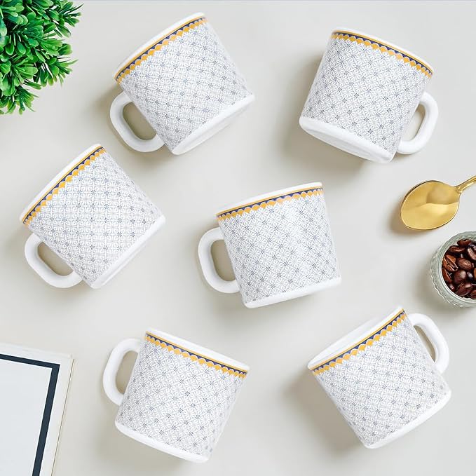 Larah by BOROSIL 180ml x 6pc Opalware Kosmia Tea/Coffee Mug Set, Microwave & Dishwasher Safe Embossed Design Crockery Set Ideal for Daily Use & Gifting