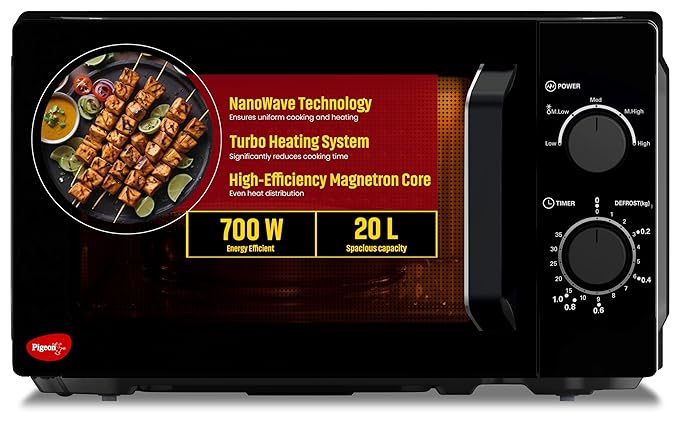 Pigeon 20L Nano Wave Solo Microwave Oven | 700 Watts | 5 power levels (Re-Heat, Pop, Cook, Steam, Defrost - SKSMWO20L) | Black