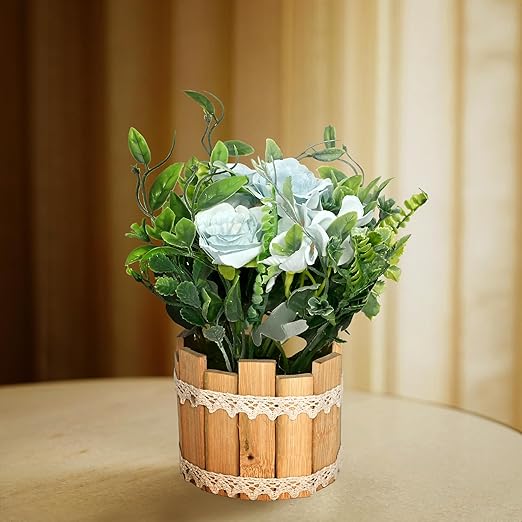 Cortina Wooden Pot Straw Combination | Home Décor Items for Living Room Balcony Kitchen Bedroom Office Table Top Decoration - Light Blue, 20X10