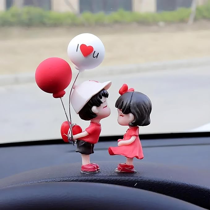 SARTE Car Dashboard Toys  -  Adorable Couple Figurine with 1 Boy and 1 Girl Balloon, Perfect Car Decoration and Gift for Car Lovers, Includes 6 Resin Adhesive Stickers (Red)