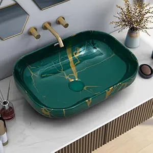 Plantex Tabletop Wash Basin for Bathroom/Designer Countertop Bathroom Sink/Ceramic Rectangle Vessel Sink Basin for Home/Office (18x13x5.5 Inch - Green)