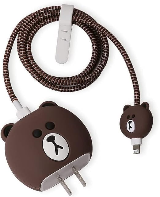 EDNITA Charger Protector for iPhone Chargers 18W & 20W | Cute Cartoon 3D Cover with Cable Protectors | Soft Silicone Data Cord Saver Sleeves-Set of-1 (Brown Bear)