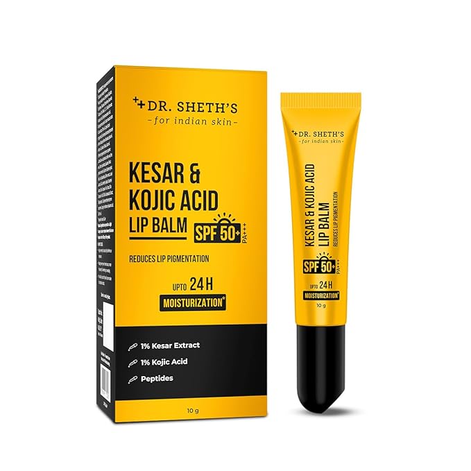 Dr. Sheth's Kesar & Kojic Acid Lip Balm|Reduces Lip Pigmentation|SPF 50+ PA+++|24H Moisturization|Non Sticky|Lightweight|For Dark,Dry,Flaky Lips|Natural Oils & Butters|All Genders|10g,Yellow pack of 1