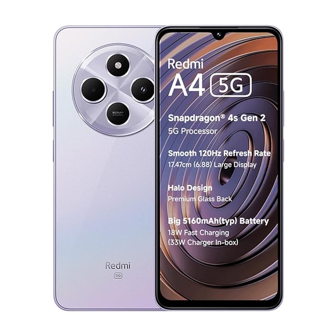 Redmi A4 5G (Sparkle Purple, 4GB RAM, 128GB Storage) | Segment Largest 6.88in 120Hz | 50MP Dual Camera | 18W Fast Charging | Charger in The Box