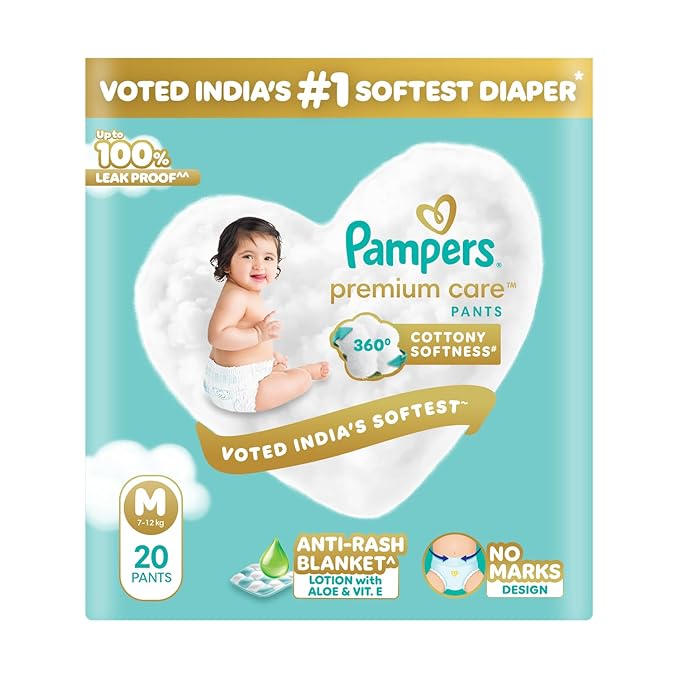 Pampers Premium Care Pant Style Baby Diapers M 20 Count | No Marks Design | Voted India's #1 Softest Diaper | All in 1 diaper with 360 Cottony Softness
