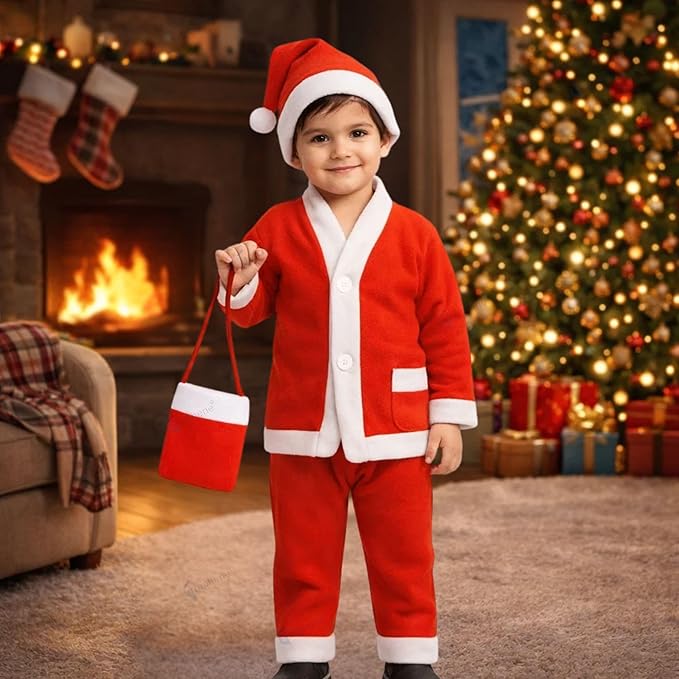 GRAPHENE Christmas Santa Claus Dress Costume for Boy Girl Kids Children with Jacket Pant Cap Pouch Merry Christmas Xmas Red & White Set Party Outfits Fancy Dress Size 3 (2-4 Year)