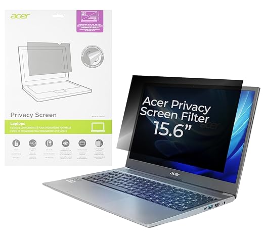 acer 15.6" Privacy Screen Filter  -  60° viewing angle, anti-glare, blue light filter, antimicrobial protection. Dual-sided: glossy or matte. Includes 4 attachment options. Designed by Targus.