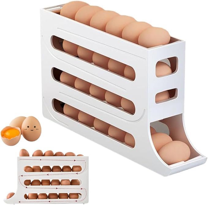 Plastic Automatic Rolldown Refrigerator 4 Tier Rectangular Egg Rolling Dispenser, Holds Up To 30 Eggs, Holder For Fridge Storage - (WHITE)