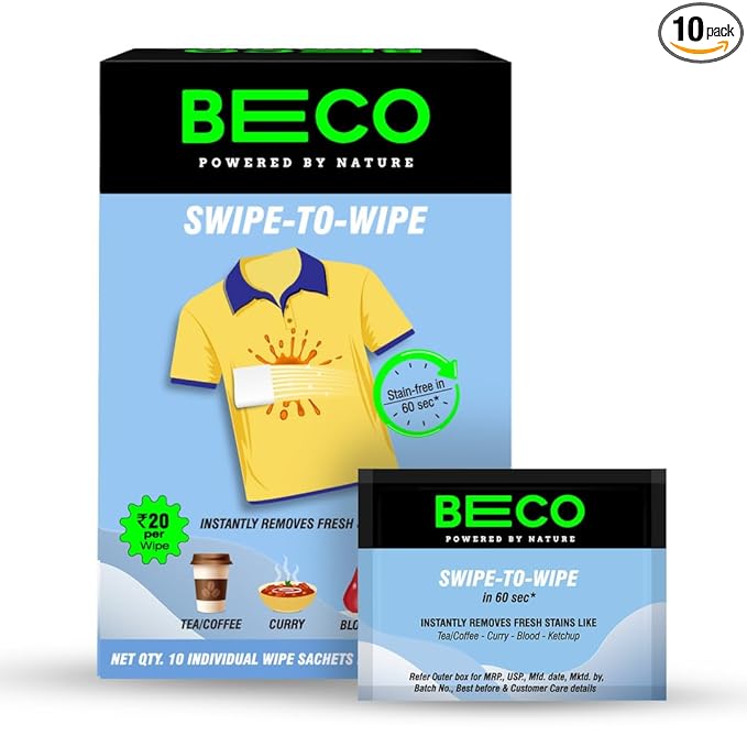 Beco Instant Stain Remover Wipes - Pack of 10 | On the Go Stain Remover Wipes | Swipe to Wipe Stains in 60 seconds