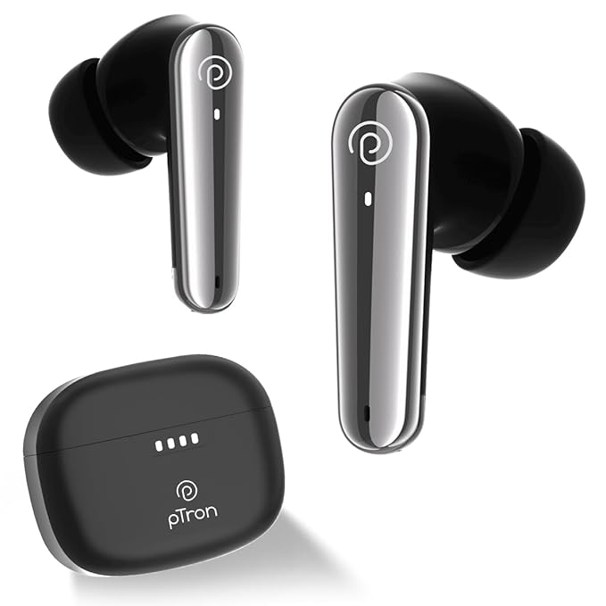 pTron Newly Launched Bassbuds Prism TWS Earbuds with 3D AudioScape, 45Hrs Playtime, TruTalk AI-ENC Calls, 50ms Low Latency Sync, BT5.3, Type-C Fast Charging, Voice Asst. & IPX5 Water Resistant (Black)