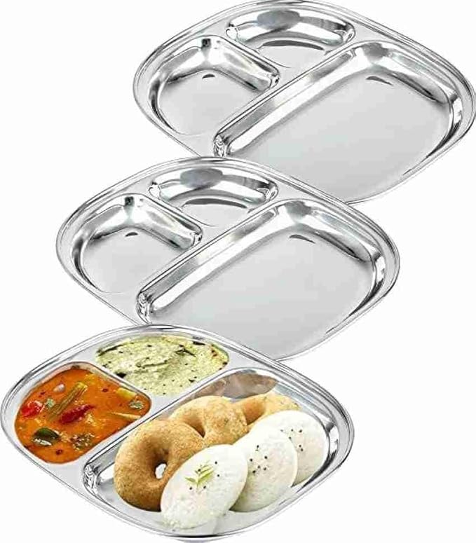 Stainless Steel Pav Bhaji Plate Section Mess Tray Bhojan Thali 3 Compartment Round Full Size Plates for Lunch and Dinne (Round Pack of 2)