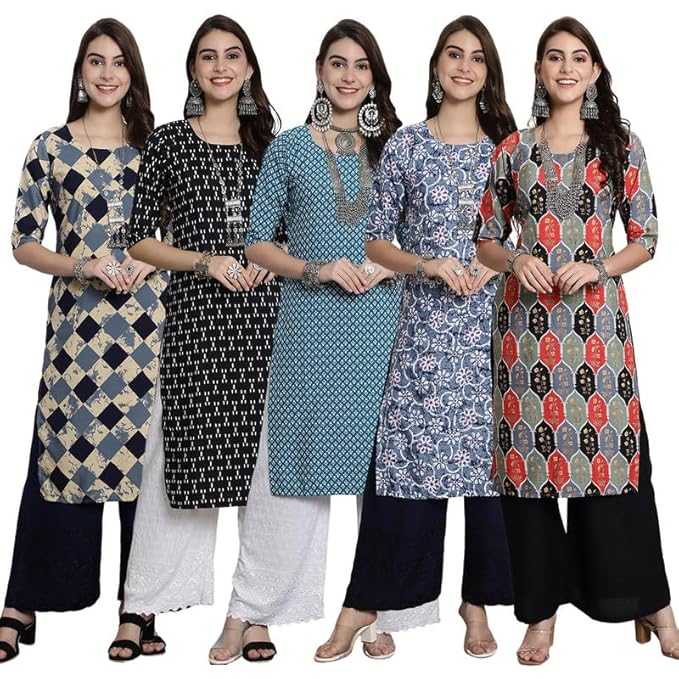 Pinkmint Women's Crepe Kurti for Women's Ethnic Printed Kurti for Women's (Pack of 5)