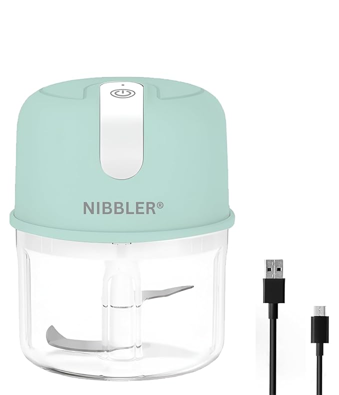 Nibbler Rechargeable Compact Electric Chopper, 250ml Storage Container | Stainless Steel Blades | Single-Touch Control for Garlic, Ginger, Onions, Vegetables, Meat, and Nuts NB-MEC01 (Turquoise)