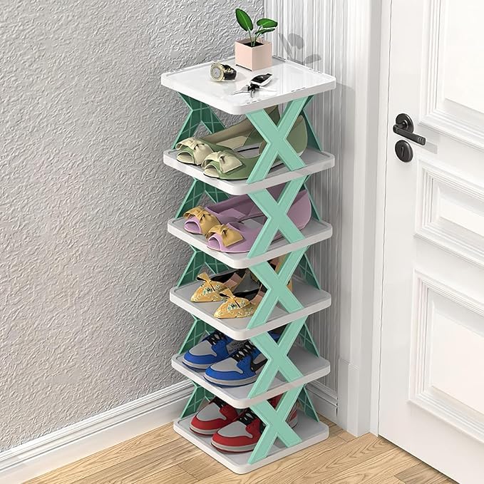 QONETIC 6-Layer Shoe Rack for Home  -  Stackable & Collapsible Plastic Shoe Organizer Stand | Adjustable Storage Shelf for Footwear, Books & Entryway Use  -  Multipurpose Space Saver (Corner Design)