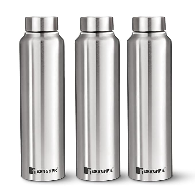 Bergner Walking Stainless Steel 3 Pcs (1000ml Each) Water Bottles with Screw Cap, Rustproof, Airtight & Leakproof Steel Bottle Set of 3, for Office, Home, College, Gym, Travel, Easy to Carry - Silver
