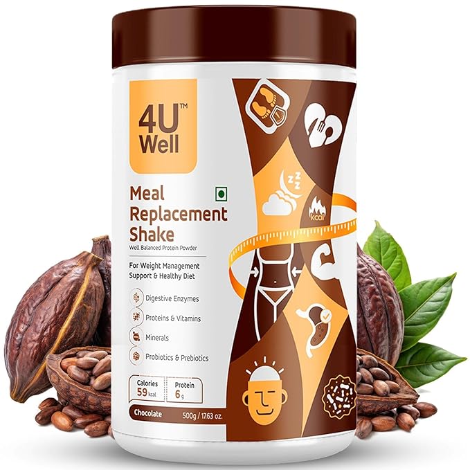 4UWELL Meal Replacement Shake for Weight Management & Control for Men & Women | Chocolate Flavour with 4 probiotics | 18 Essential Vitamins & Minerals (500g) (500, Chocolate)
