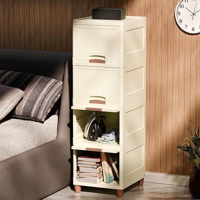 Amazon Basics Multi-Purpose Organizer | Modular Storage Box for Clothes, Kitchen, Bedroom & Living Room | Stackable Rack, Space-Saving Wardrobe Cabinet (Off White), 4 Piece