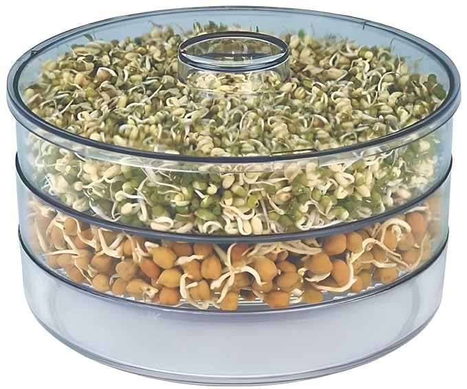 HomeWiz Kitchen Sprout Maker with 3 Compartments for Multi Purpose Use - Plastic Sprouted Grains Seeds Dal Channa Chole Ragi Organic Sprouting Jar (500ml 3-Layer) Fridge Storage Container Sprout