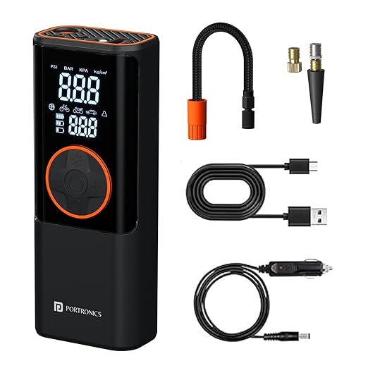Portronics Vayu 4.0 Tyre Inflator with 2-in-1 Rechargeable & Corded Power, Preset Inflation Modes, Digital Display, Flashlight Torch, Auto Shut-Off, Air Pump Compressor for Car & Bike (Black)