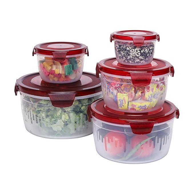 PEARLPET PP Container Circular Plastic Food Storage Container with Air Tight Lid | Fridge & Freezer Dabba Containers, Fruit Box Set of 5, Red (300ml, 600ml, 1200ml, 1800ml and 3000ml)