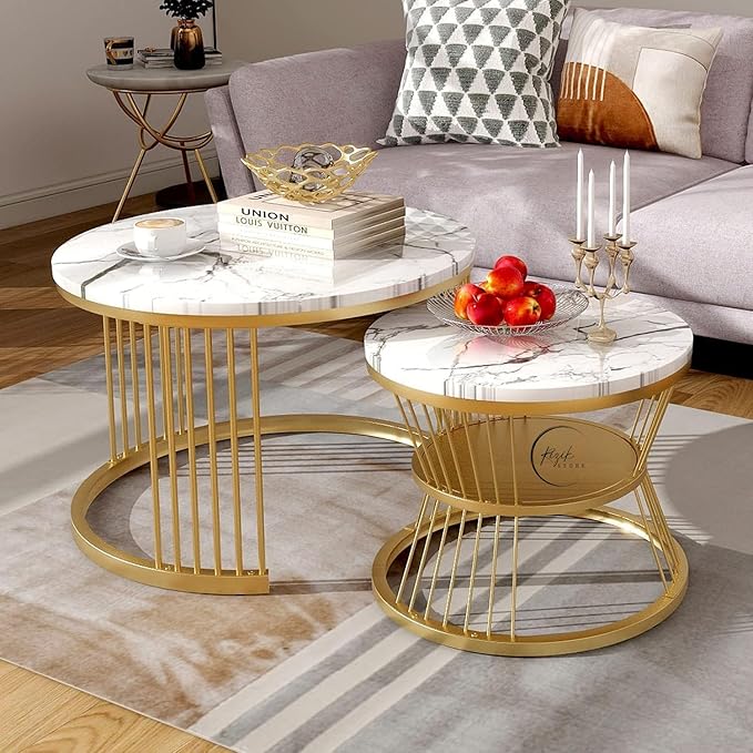 RIZIK STORE® Iron Frame Handmade 20.5" x 20.5" Round Coffee Table/Nesting Table/Side Table/Center Table with Engineered Wood Top for Living Room/Drawing Room/Balcony (White)