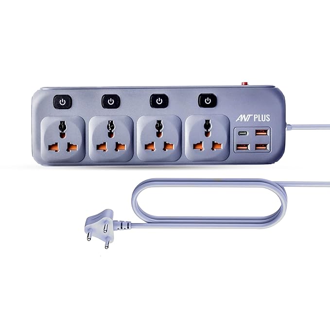 Ant Plus Electric PS431 Power Strip Individual Power Switch,10ft Universal Extension Cord 4 AC Outlets 3USB 1Type C PD Port, Max 2500W, 220-250v, Multiple Outlet Extender for Home Office Store_ Grey