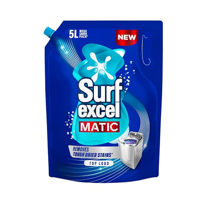 Surf Excel Matic Top Load Liquid Detergent 5L Refill Pouch, Specially designed to remove Tough Dried Stains, 1st time in Washing Machine