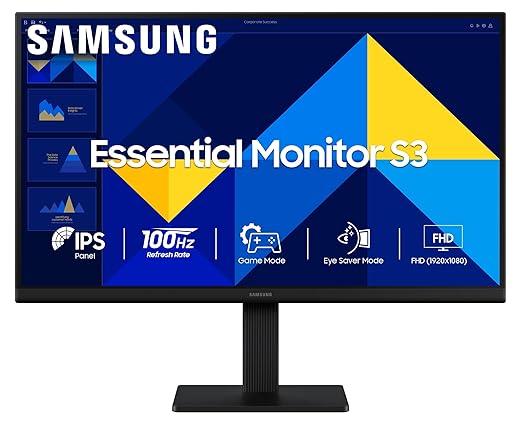 Samsung 24" (60.5 cm) S3 Flat Monitor|Super Slim Borderless Design|IPS Panel|FHD 1920 x 1080|100 Hz|5 ms|Ports-HDMI,VGA|Game Mode|Eye Saver Mode||Wall Mountable|LS24D300GAWXXL|Black