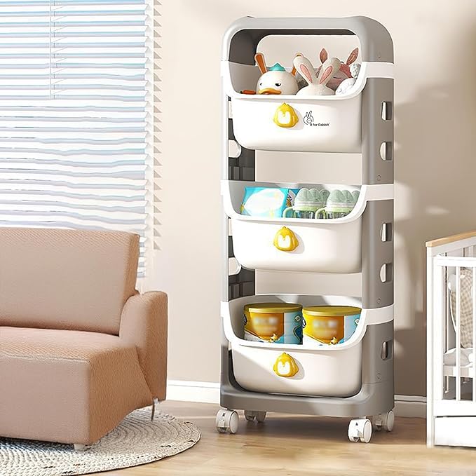 R for Rabbit Kiddo Korner Frosty Organizer for Kids Toys/Books & Baby Clothes Wardrobe | Detachable 3 Level Storage Organiser | Easy Plug N Play Installation & Lockable Wheels (Grey White)