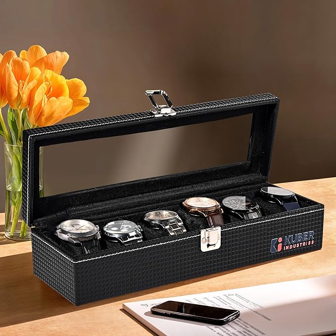 Kuber Industries Premium Faux Leather See Through 6 Slots Wrist Watch Organiser Box for Men & Women | Watch Storage Box Organizer | Watch Collection Box/Case/Holder | Black