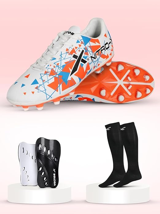 Vector X Mens Nitro-X Synthetic Leather Upper|TPU Sole Football Soccer Shoes/Studs with Socks & Shinguard Combo Walking |Lace-Up|Comfortable Sports Footwear Shoe for Adult, Men & Boys