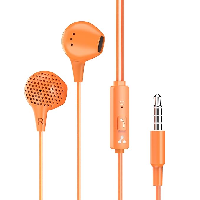 [Apply Coupon] - Ambrane Wired Earphones with Mic | 3.5mm Audio Jack | 14mm Driver for HD Sound & Deep Bass | Tangle-Free 1.2m Cable | In Ear Comfort Fit | Compatible with Mobiles, Tablets, Laptops, PCs (EP-83 Orange)