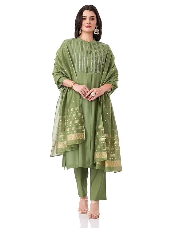 Amazon Brand - Myx Women's Embroidered Kurta Pant Set with Dupatta