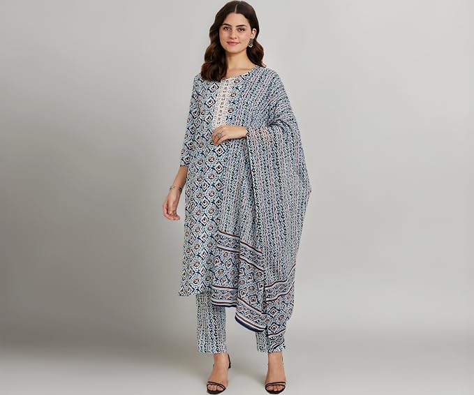 Amazon Brand - Myx Women's Cotton Rich Embroidered Kurta Pant Set with Dupatta (Available in Plus Sizes)